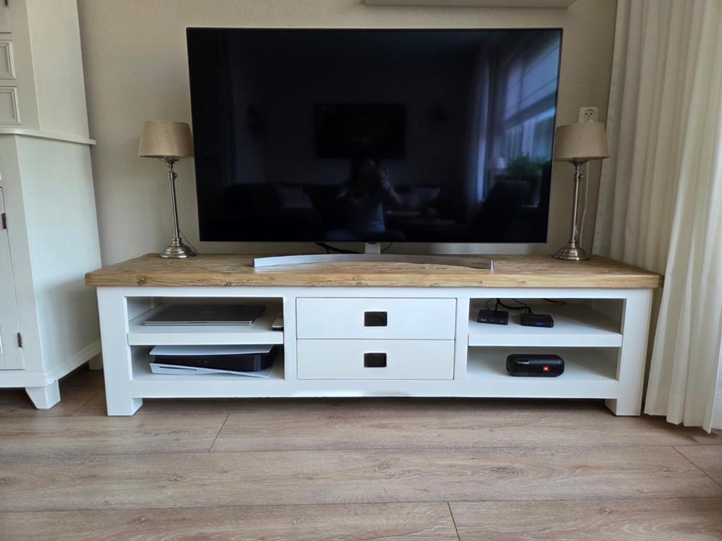 Tv kast RAL 9010 met gelamineerd houten blad, Gebruikt, 150 tot 200 cm, Ophalen of Verzenden, Minder dan 100 cm