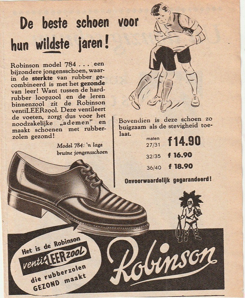 Retro reclame 1957 Robinson jongens schoenen wilde jaren, Verzenden, Overige typen