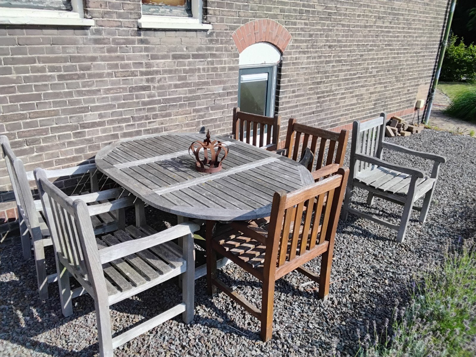 Teakhouten tuinset met uitschuifbare tafel en 6 stoelen, Ophalen, Gebruikt, 6 zitplaatsen, Teakhout