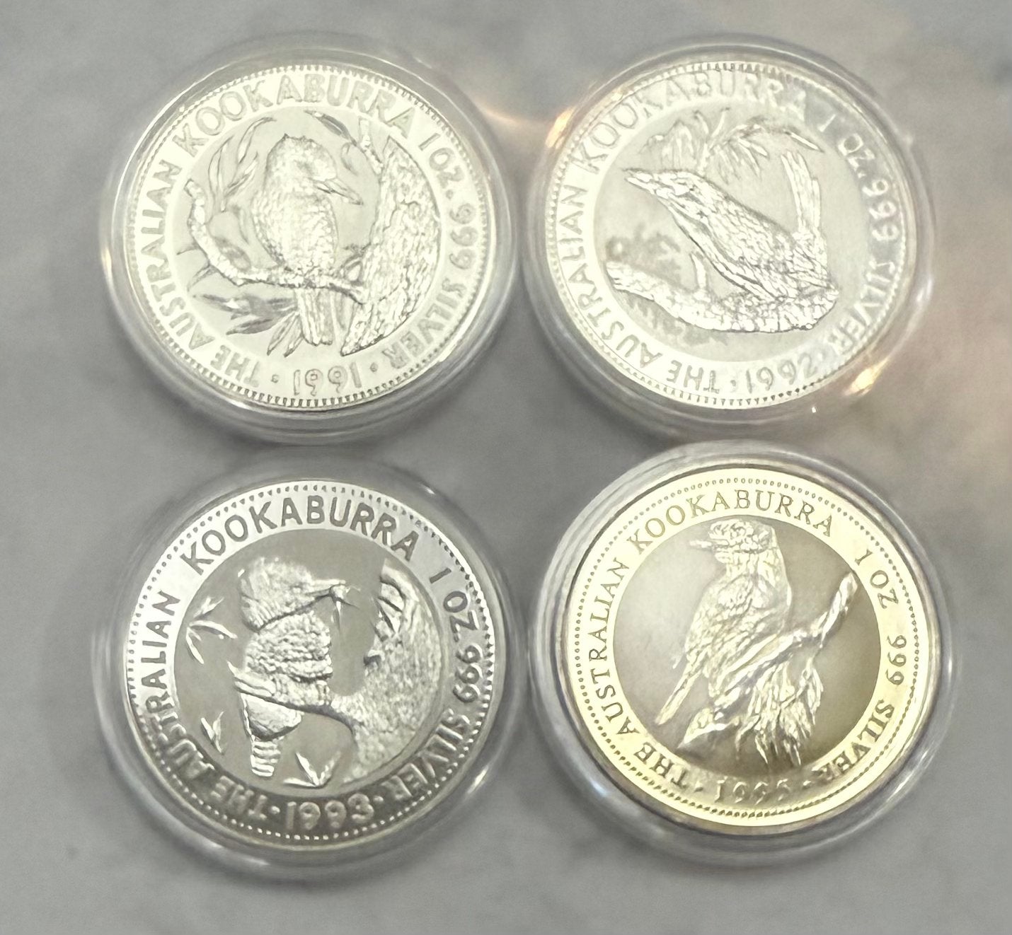 4x 1oz zilver 1991/1992/1993/1995 Australian Kookaburra, Ophalen of Verzenden, Zilver