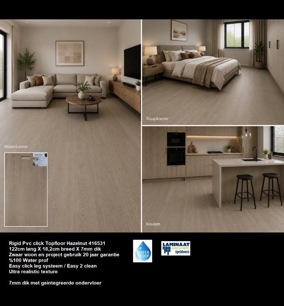 7mm dik Pvc click Hazelnut met geintegreerde ondervloer, 75 m² of meer, Nieuw, Ophalen of Verzenden, Pvc click natural kleur met geintegreerde ondervloer