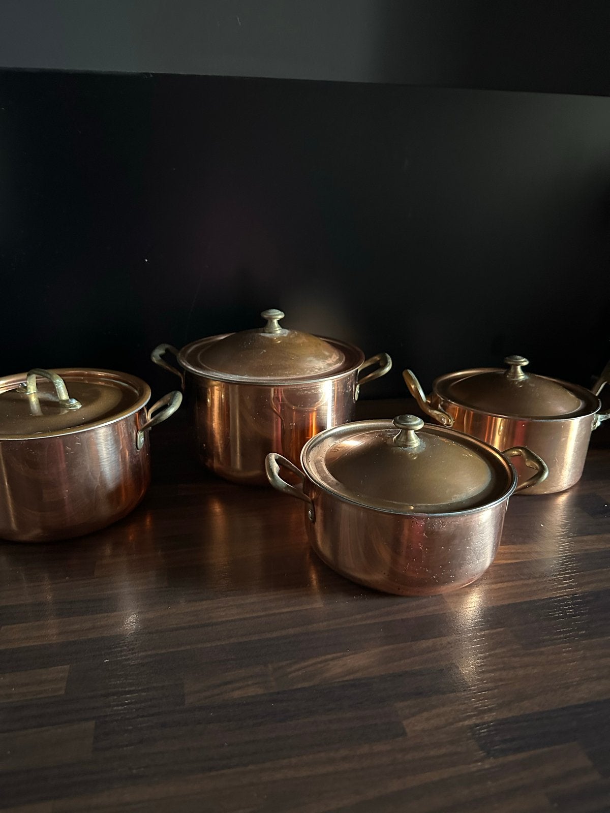 Koperen pannenset - 4 stuks met deksels, Koper, Met deksel, Pannenset, Ophalen of Verzenden