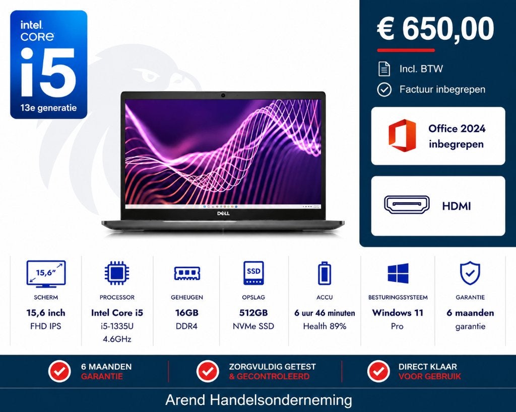 15,6 inch Dell latitude 5540 i5-1335U 4.6GHz 16GB 512GB NVMe, Computers en Software, Windows Laptops, Gebruikt, 15 inch, SSD, 4 Ghz of meer