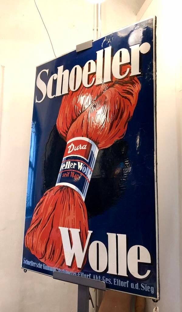1950s Emaille Reclamebord Schoeller Wolle (118 X 77 cm), Ophalen, Gebruikt, Reclamebord