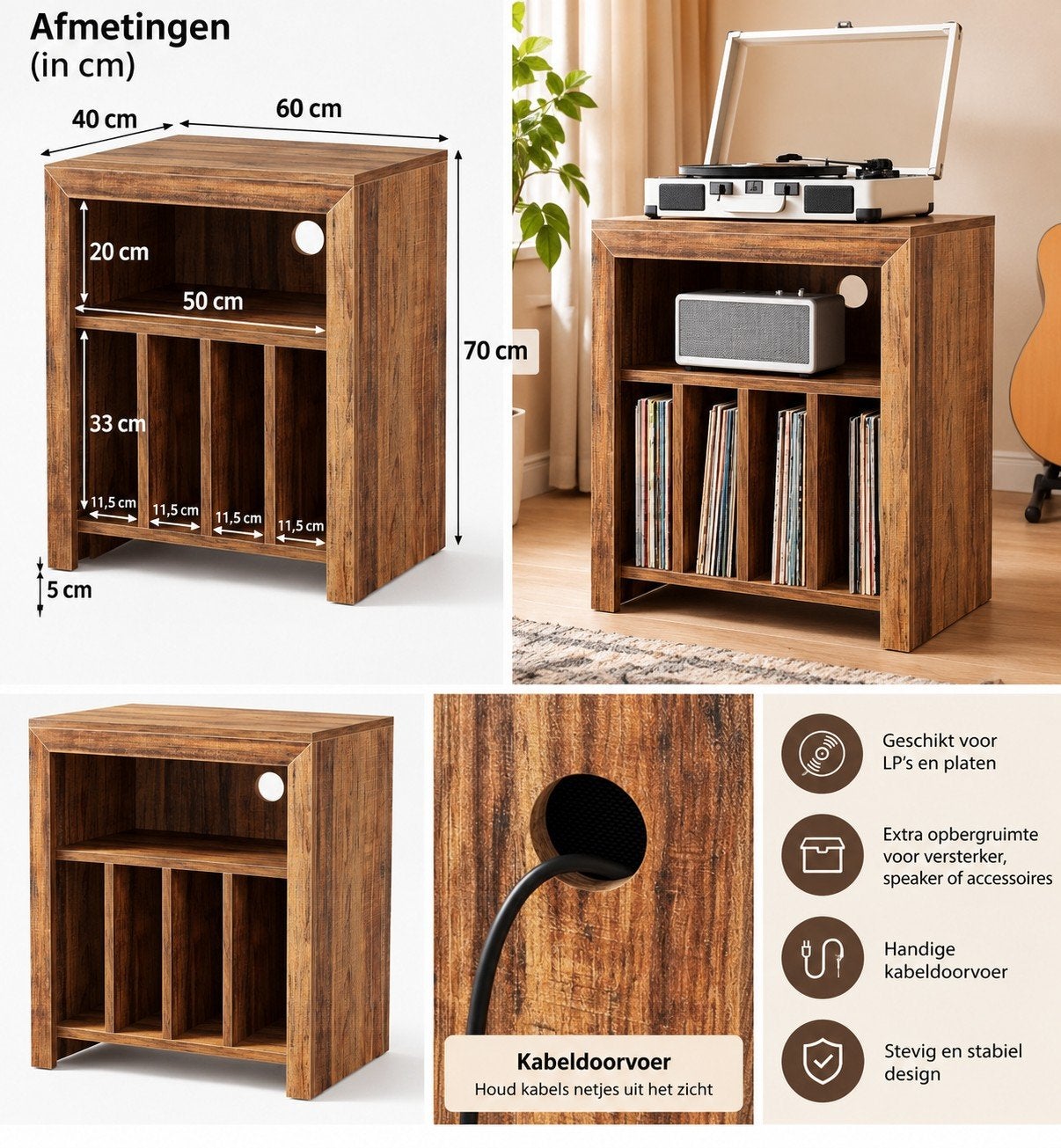 Platenkast/CD-rek Hout - Vintage Bruin - LP/CD Opslag, Ophalen of Verzenden, Nieuw, 150 discs of meer, Hout