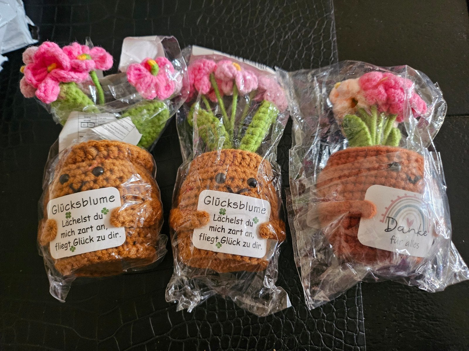 Set van 3 gehaakte bloemen in potje - Glücksblume, Ophalen of Verzenden, Nieuw, Roze, Textiel