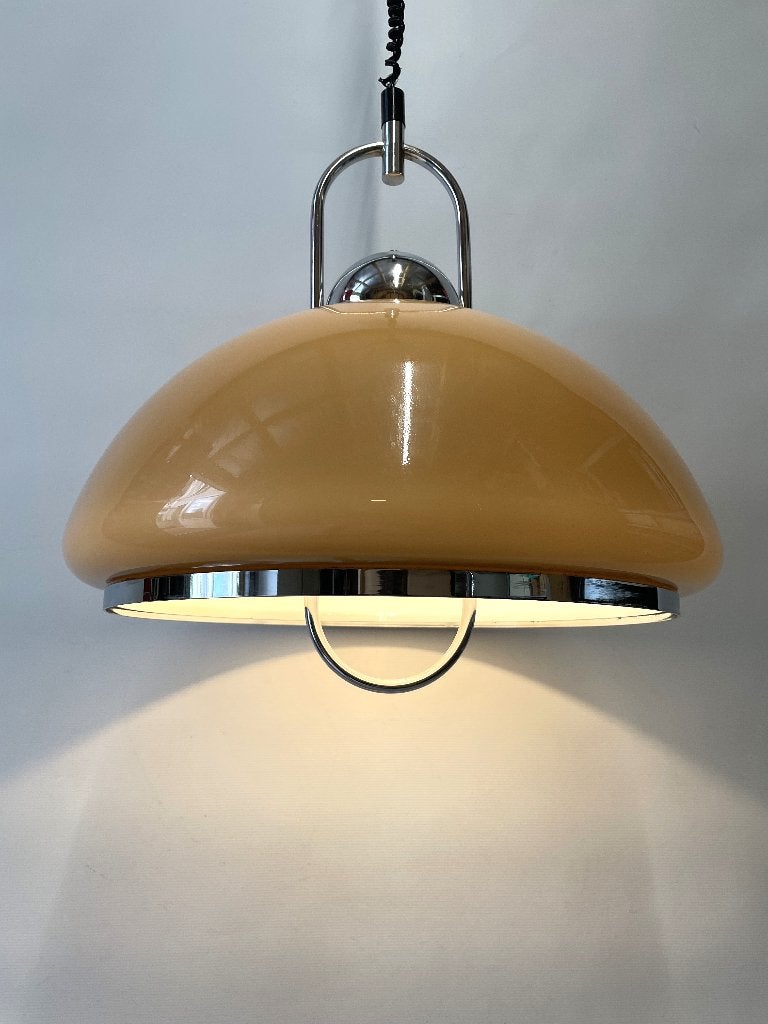 hanglamp met trekpendel mushroom Dijkstra jaren ’70 vintage, Ophalen of Verzenden, Metaal, Space Age