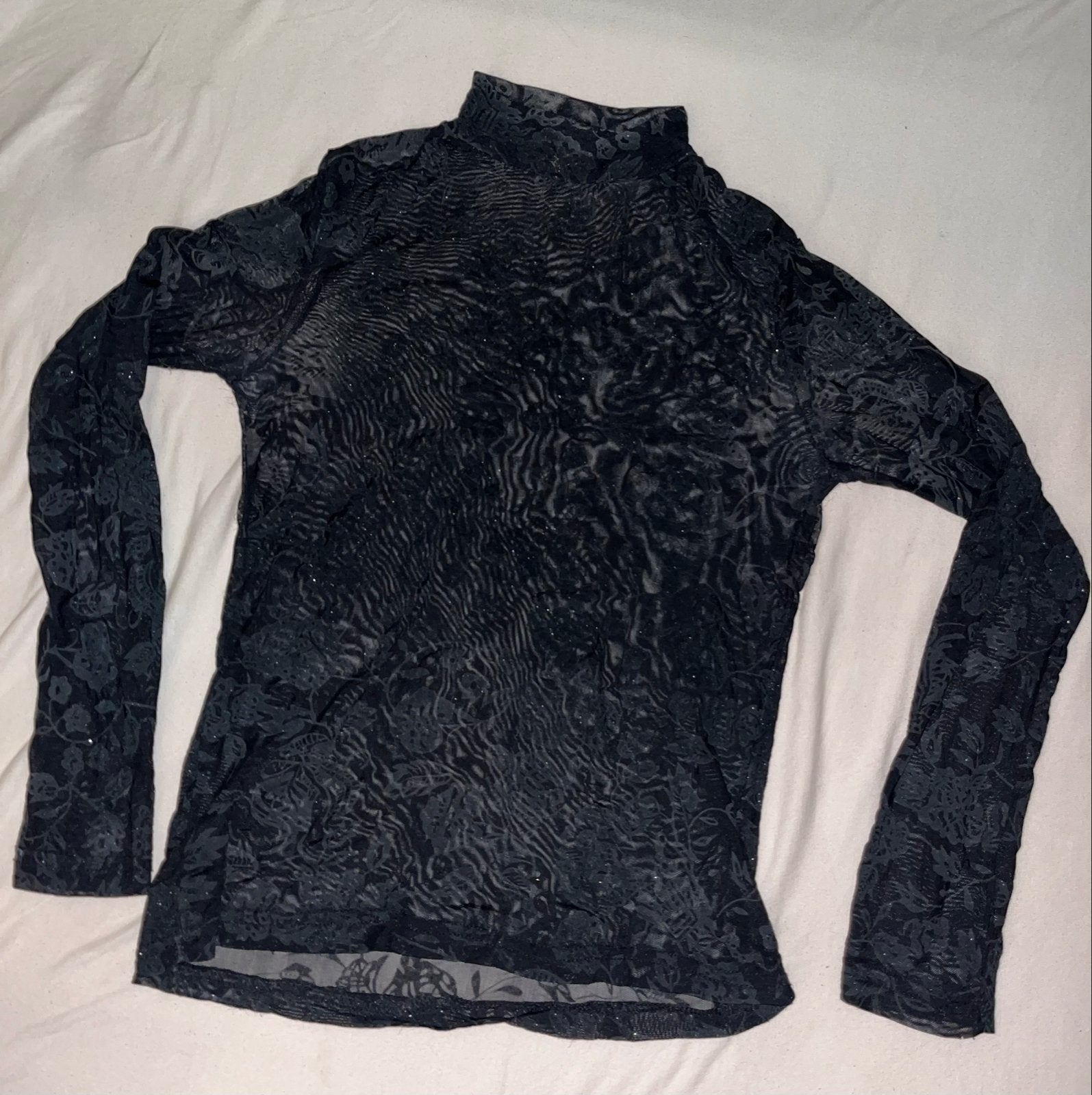 Zwarte mesh top met bloemenpatroon en col – transparant, Kleding | Dames, Zwart, Ophalen of Verzenden, Zo goed als nieuw, Lange mouw