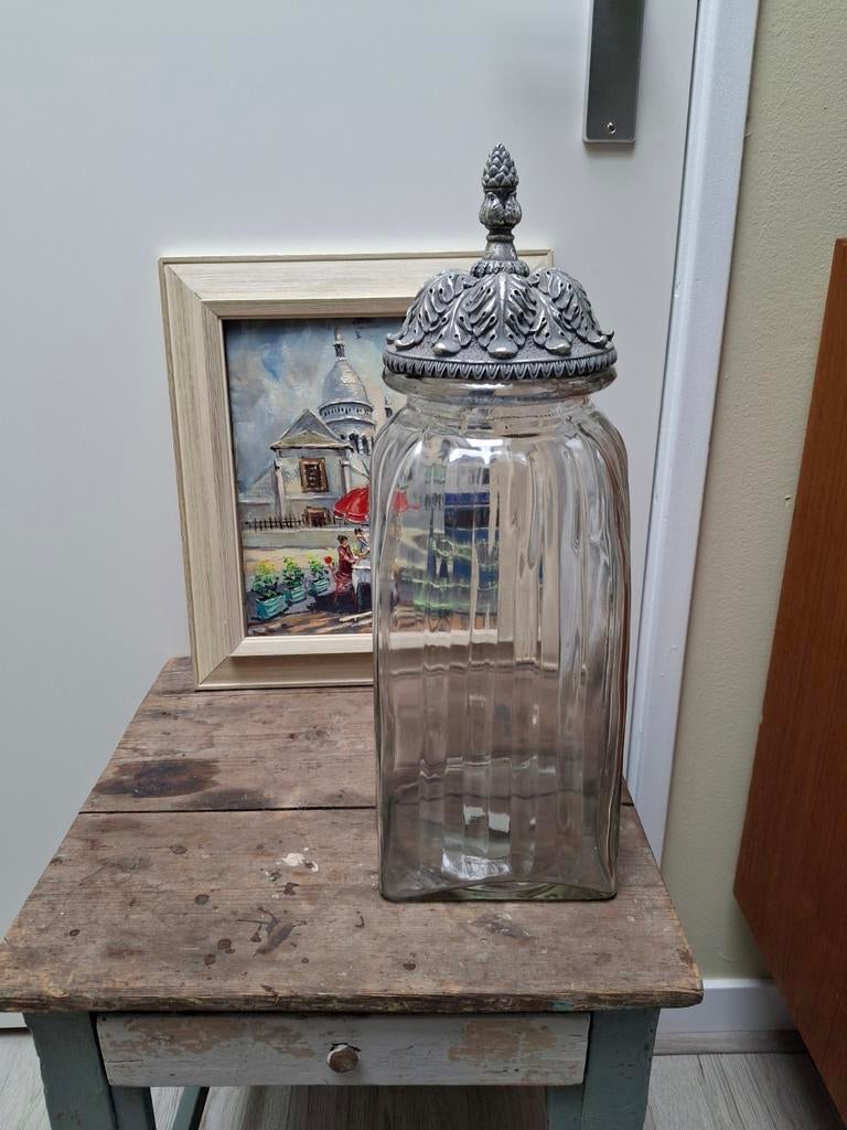 Prachtige Brocante Glazen Dekselpot Snoeppot, Ophalen of Verzenden