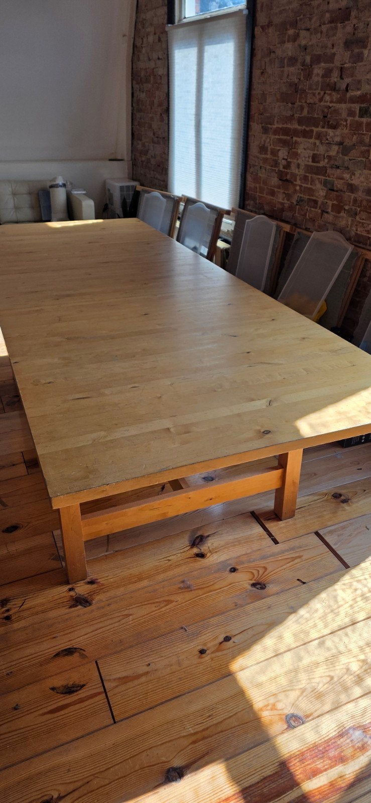 Massief houten uitschuif werkt/vergadertafel 222/268 100cm, Gebruikt, 200 cm of meer, Vijf personen of meer, Rechthoekig