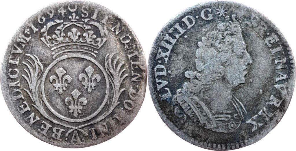 Frankrijk twaalfde ecu aux palmes 1694 Parijs Lodewijk XIV, Ophalen of Verzenden, Frankrijk, Losse munt, Zilver