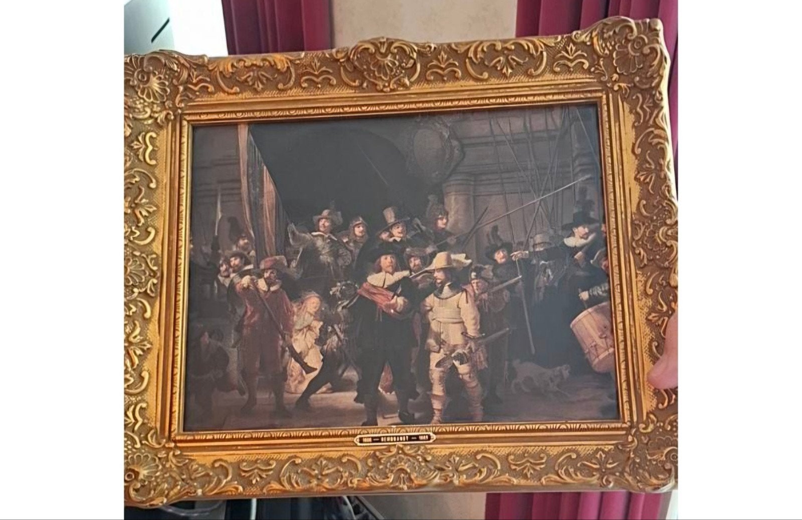 De Nachtwacht reproductie in oude gouden sierlijst, Bijzondere lijst, Doek, Portret of Personen, Ophalen of Verzenden