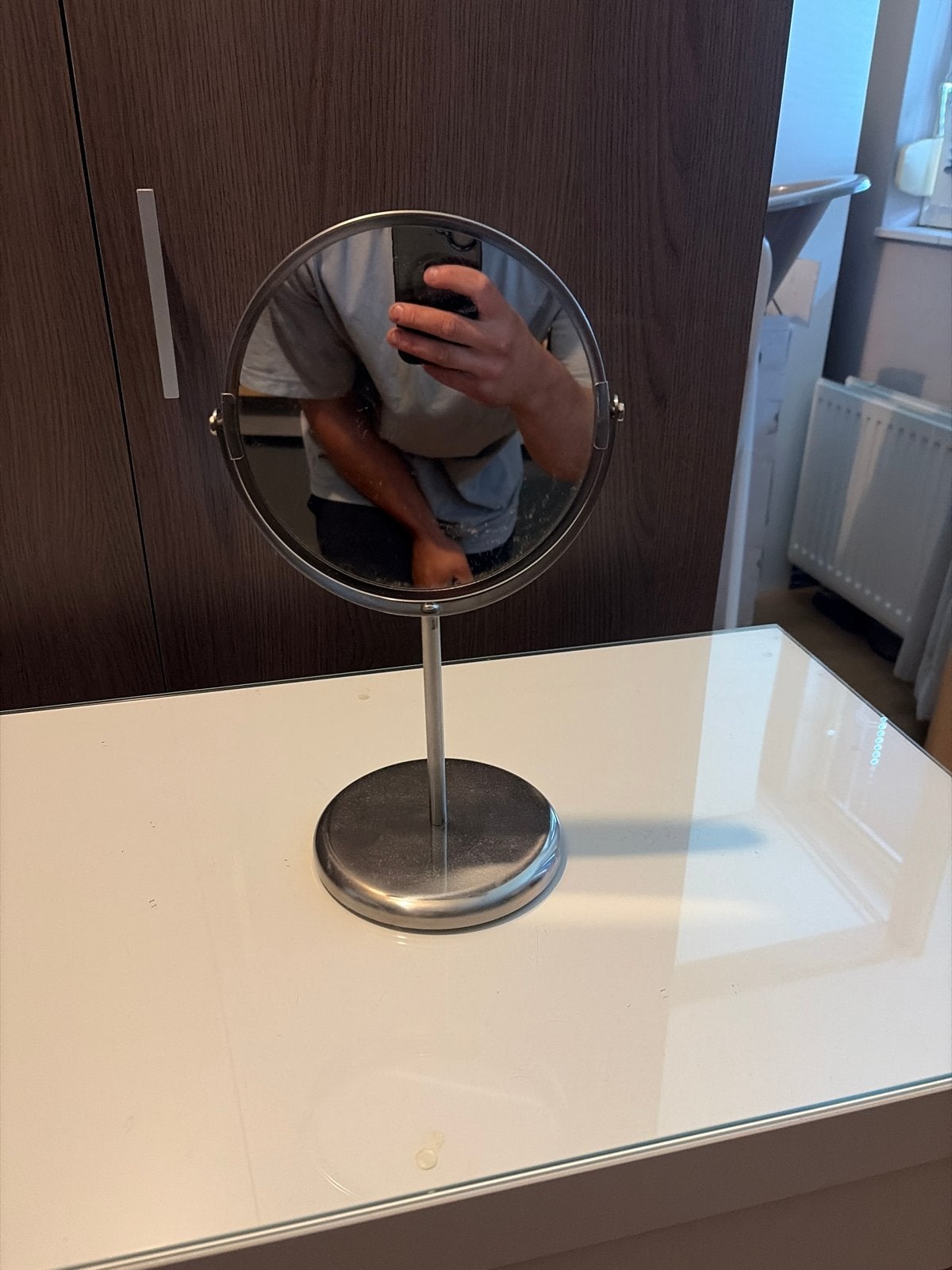 Metalen make-up spiegel op standaard, Ophalen, Minder dan 50 cm, Gebruikt, Rond