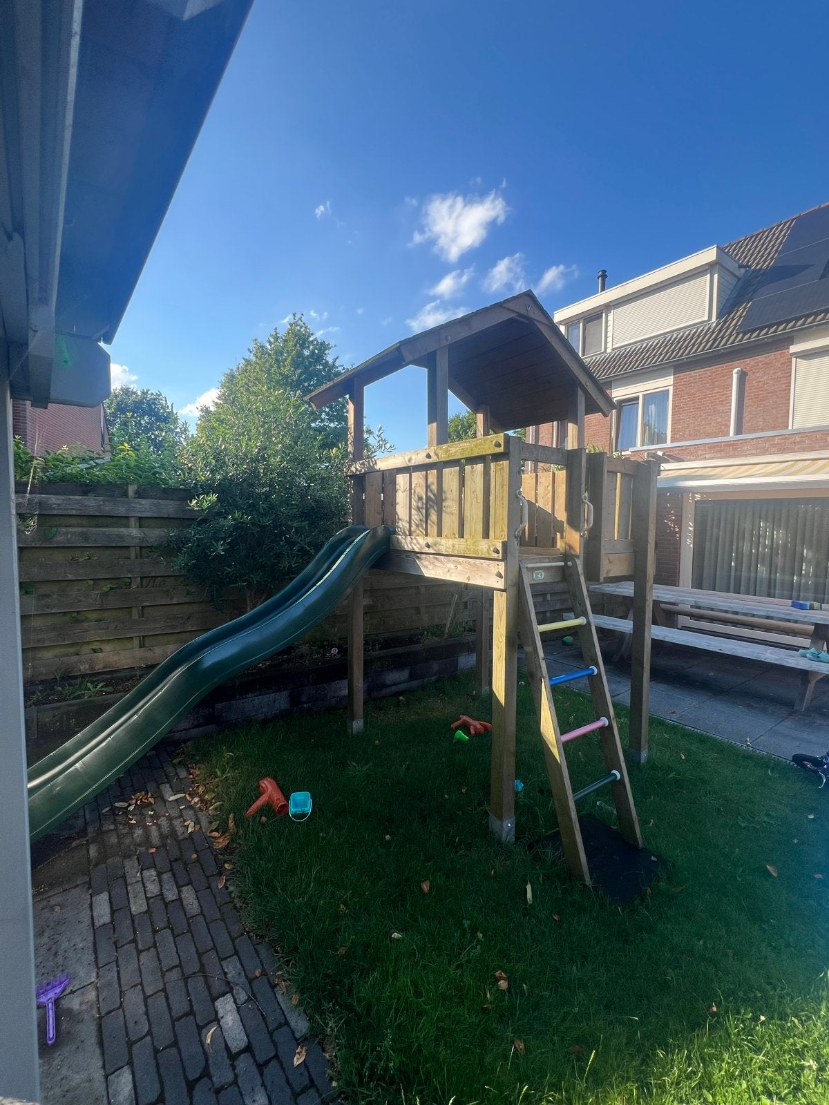 Houten Speeltoestel met Glijbaan en Klimrek, Kinderen en Baby's, Speelgoed | Buiten | Speeltoestellen, Ophalen, Gebruikt, Glijbaan