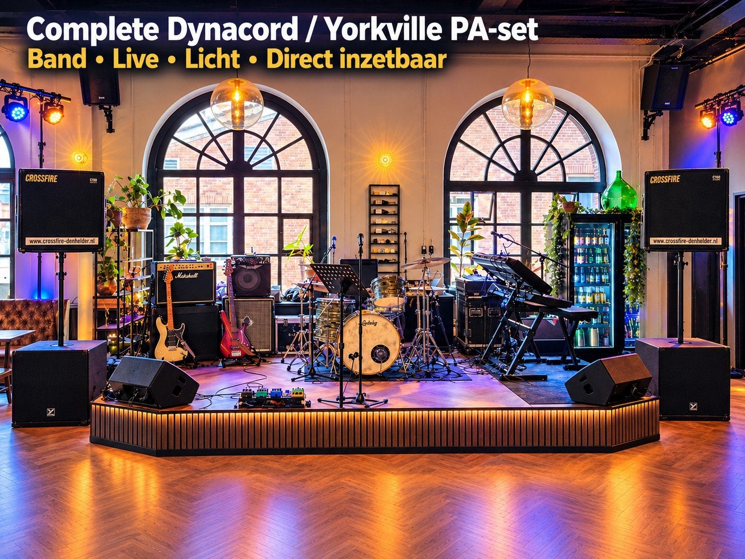 Complete PA-set Dynacord/Yorkville met licht en flightcases, Ophalen, Gebruikt, 1000 watt of meer