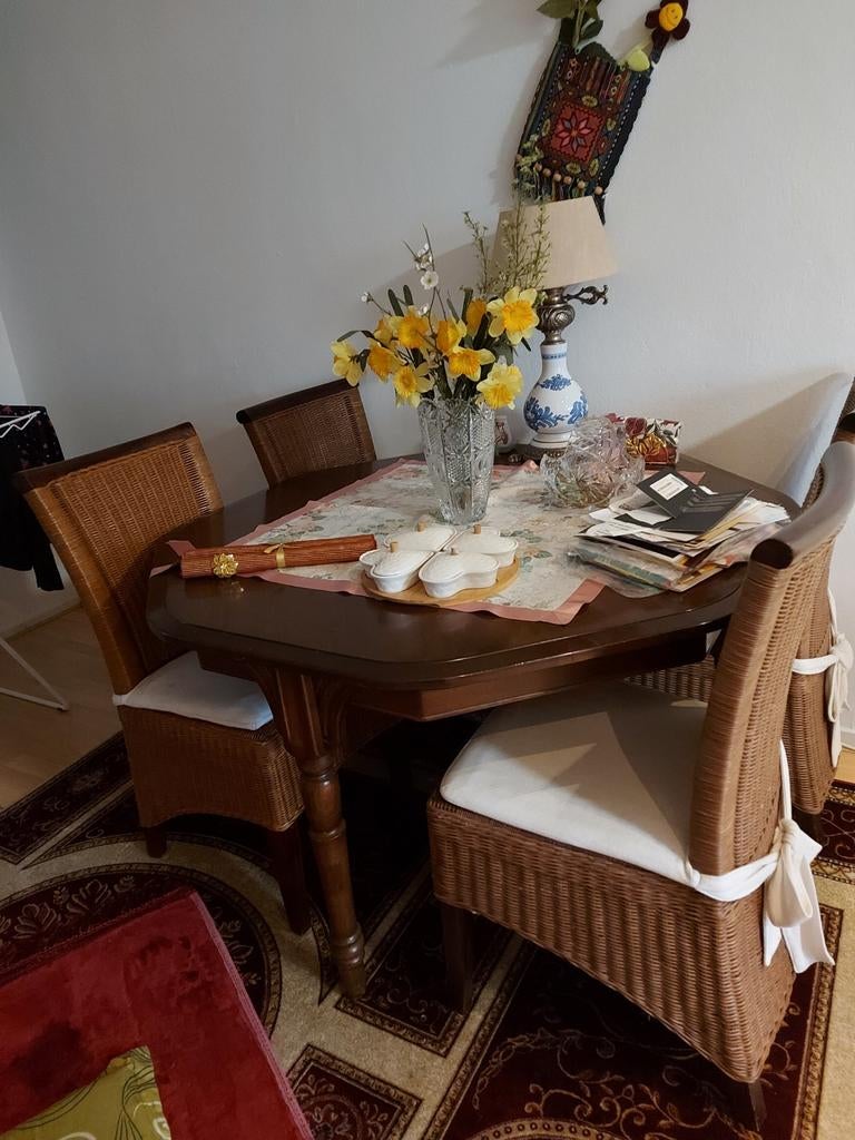 Elegante eettafel met 4 rotan stoelen, Gebruikt, Overige materialen, Ophalen of Verzenden, Rechthoekig