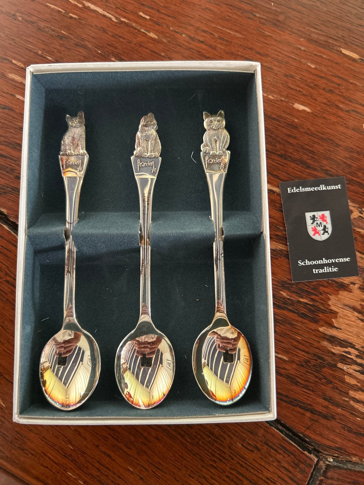 Set van 3 zilveren lepeltjes met kattenfiguren, Ophalen of Verzenden, Zilver