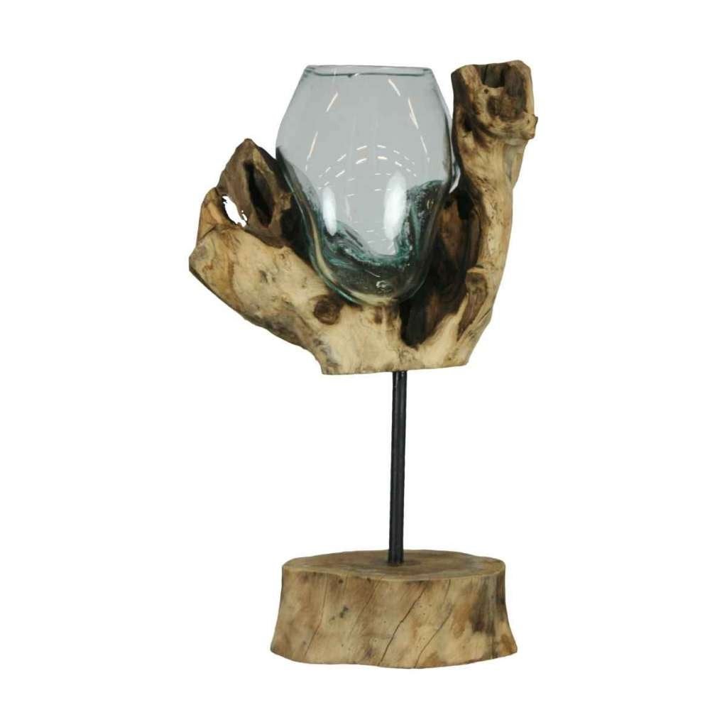 Teakhouten standaard met glas op statief 38 cm nieuw, Huis en Inrichting, Windlicht, 38 cm, Bruin, Nieuw