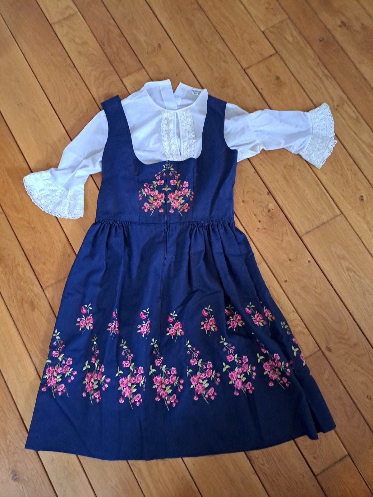 Vintage Trachten Dirndl Maat 42 Blouse - Donkerblauw Roz, Kleding | Dames, Trachten Modell Dirndl, Blauw, Maat 42/44 (L), Ophalen of Verzenden