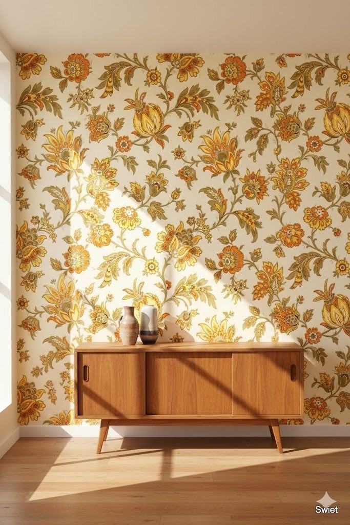 6735 oranje paisley retro bloemen vintage behang swiet, Ophalen of Verzenden, Oranje