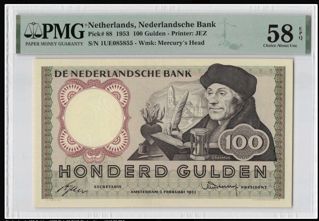 100 gulden 1953 Erasmus PMG 58 EPQ, Verzenden, 100 gulden
