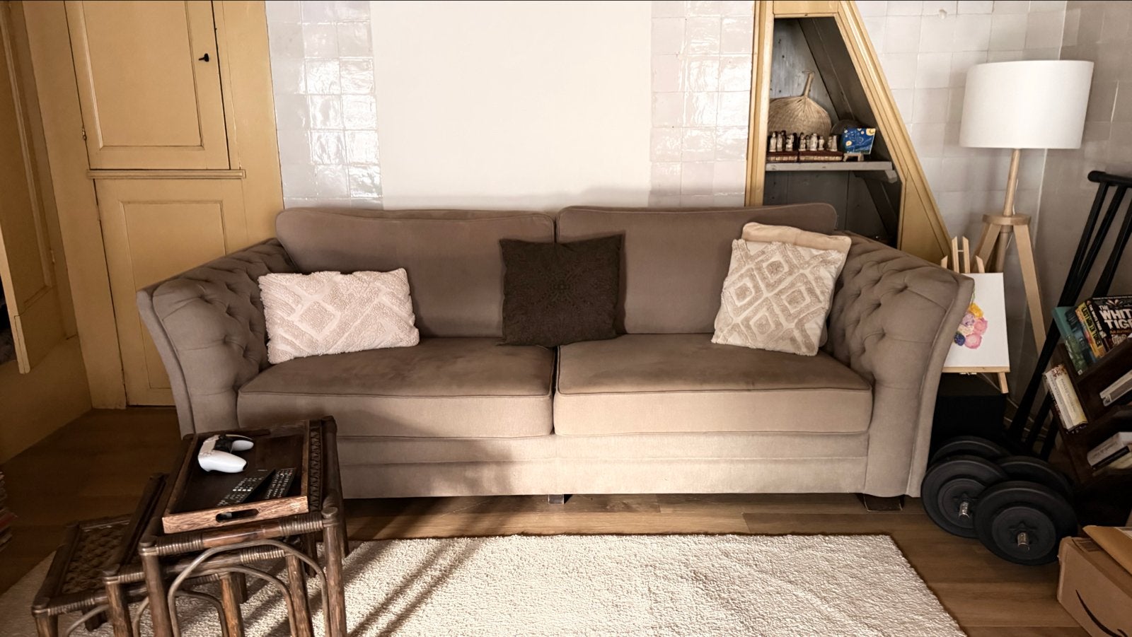 MOET WEG! 50 EURO 3-zits bank in taupe/grijs velours, Ophalen, Gebruikt, Driepersoons, 75 tot 100 cm