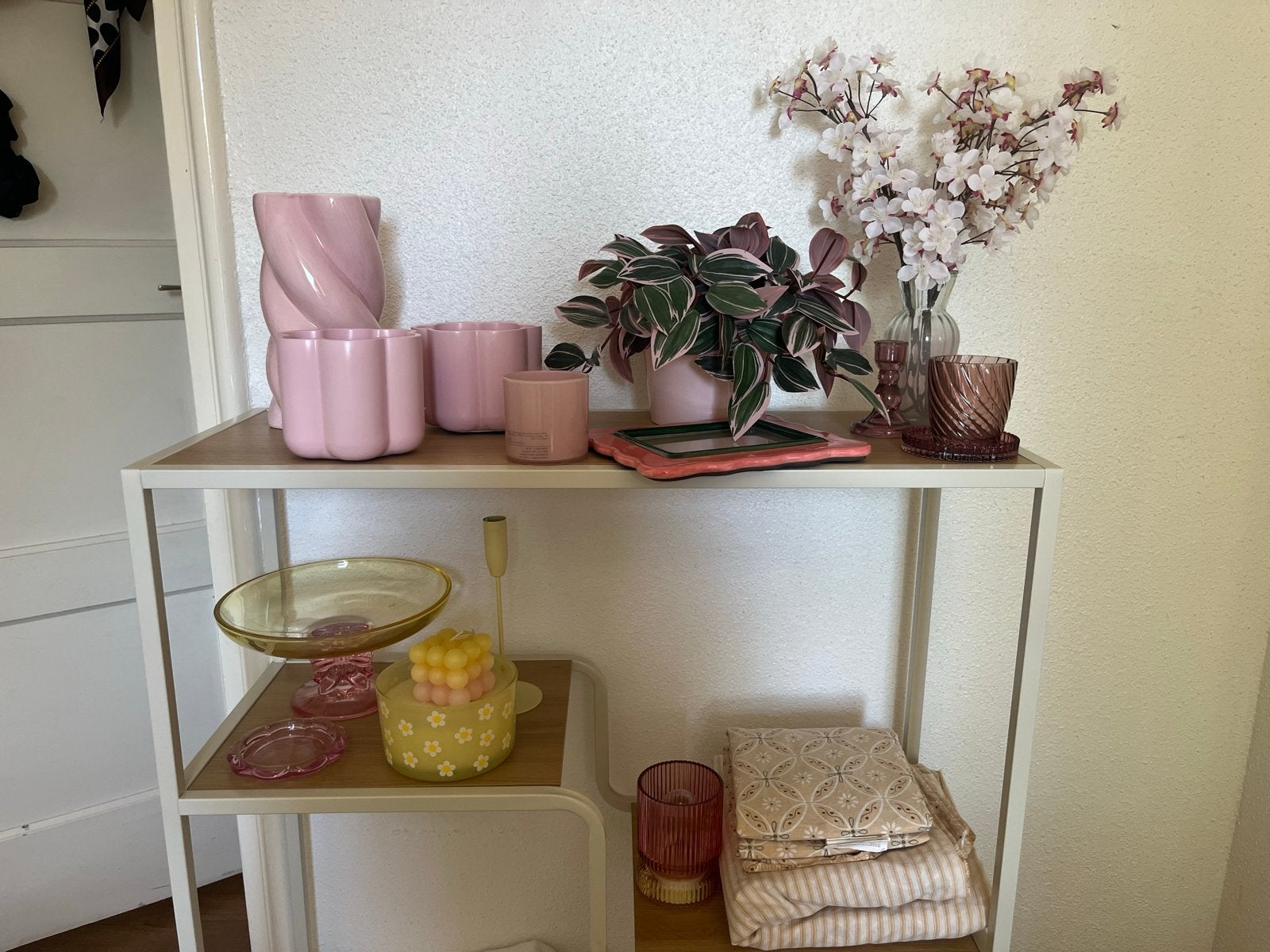 Roze en lichtgele accessoires met dekbedovertrek, Ophalen, Zo goed als nieuw, Roze, Textiel