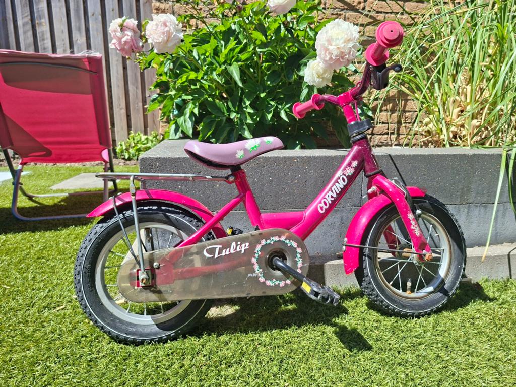 Corvino meisjesfiets 12 inch, Ophalen, Terugtraprem, Zijwieltjes, Gebruikt