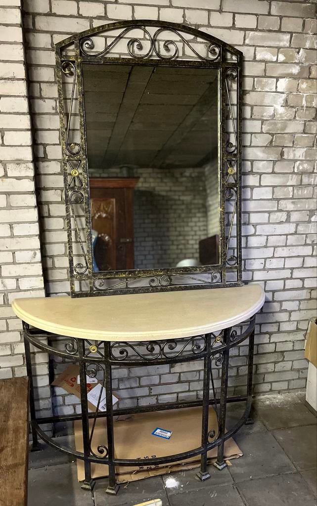 Smeedijzeren limestone console tafel met spiegel, Ophalen, Overige materialen, Gebruikt, 100 tot 150 cm