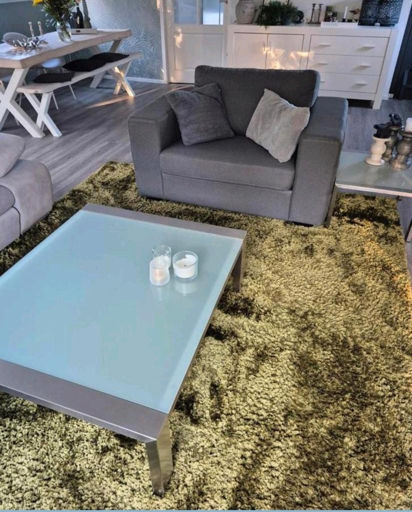 Unieke salontafel en bijzettafel met glasplaat, Ophalen, Gebruikt