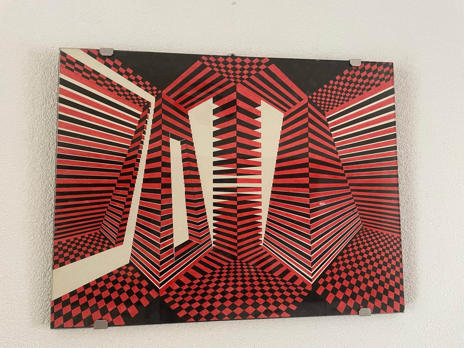 Op-art Schilderij Rood Zwart Wit - 49x64 cm origineel, Abstract, Overige materialen, Overige technieken, Ophalen