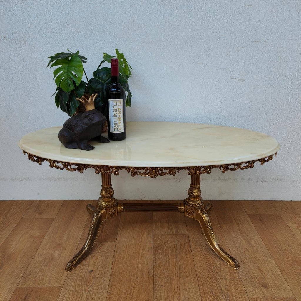 Ovale Vintage Regency salontafel koffietafel met onyx blad 6, Gebruikt, 100 tot 150 cm, Valkenwaard, Info@flashbackfurniture.nl