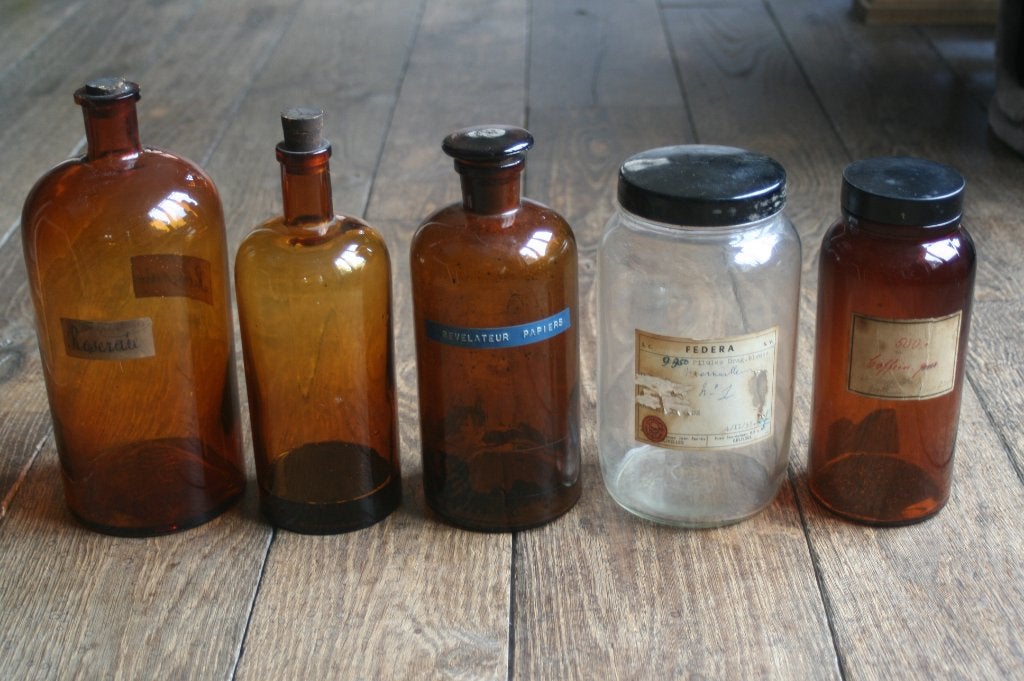 5 x glazen apotheek flessen / potten (+-1920) SPOTPRIJS, Ophalen
