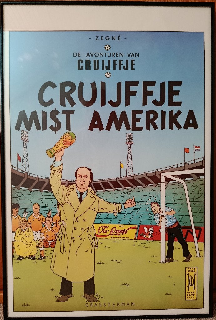 Cruijffje mi$t Amerika WK voetbal 1994 Joost Veerkamp poster, Verzamelen, Posters, Met lijst, Ophalen of Verzenden, Sport, A1 t/m A3