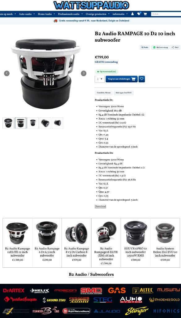 B2 Audio RAMPAGE 10 D2 10 inch subwoofer 3000W RMS, Auto diversen, ., Nieuw, Ophalen of Verzenden, .