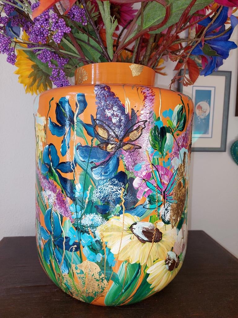 Kunst van Sharon vaas met Silk-ka bloemen Sahron de Jager, Ophalen, Oranje, Minder dan 50 cm, Glas