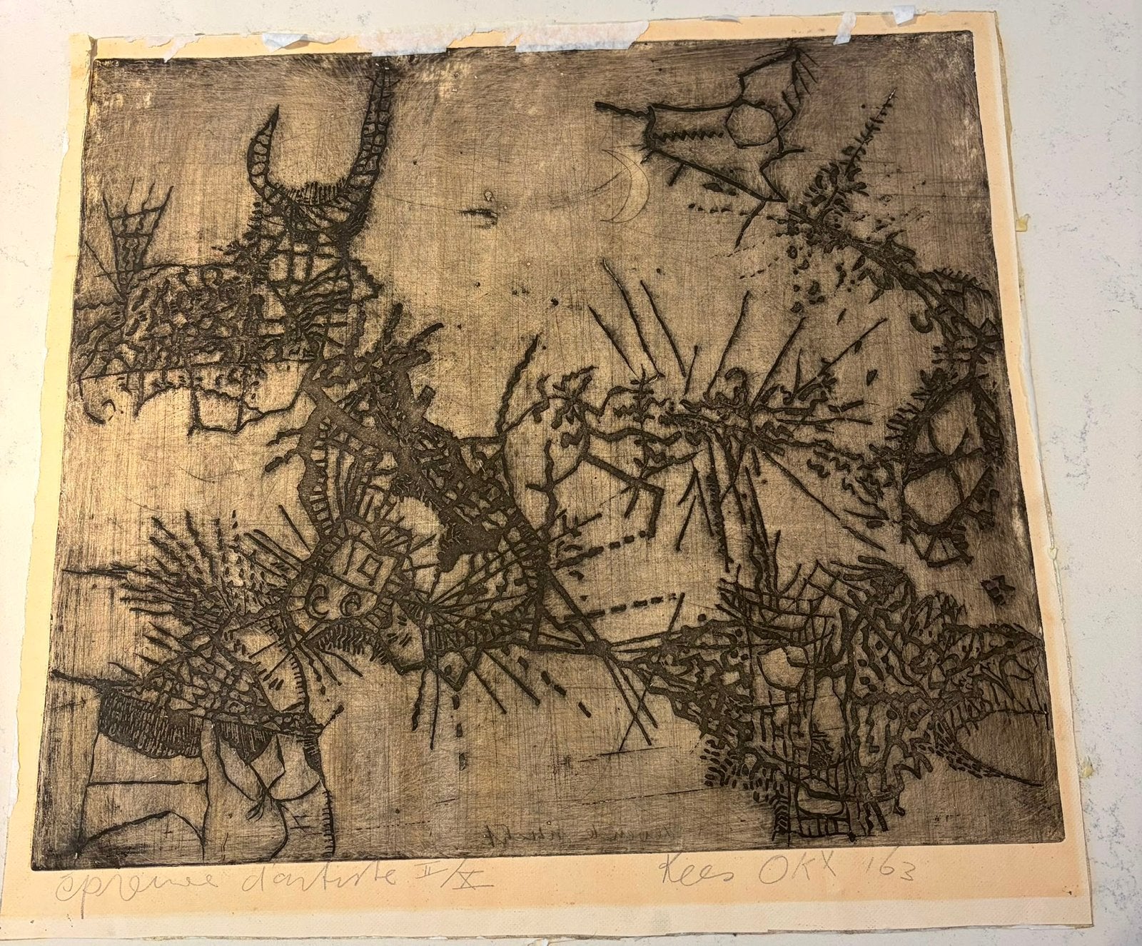Abstracte ets van Kees OKX, gesigneerd en genummerd, Ophalen, Ets, Gesigneerd, 1950 - 1999