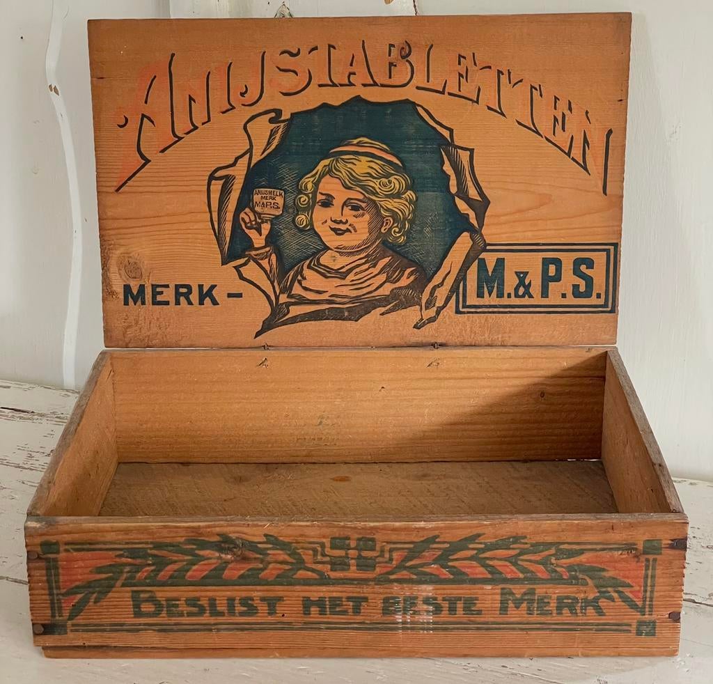 Brocante oud Anijstabletten reclame kistje, Ophalen of Verzenden