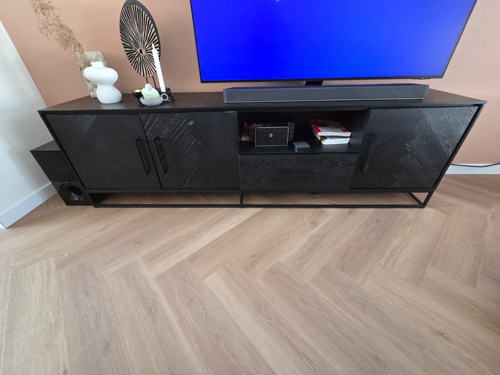 Zwart TV Meubel 2 meter, Ophalen, Gebruikt, 25 tot 50 cm, Minder dan 100 cm