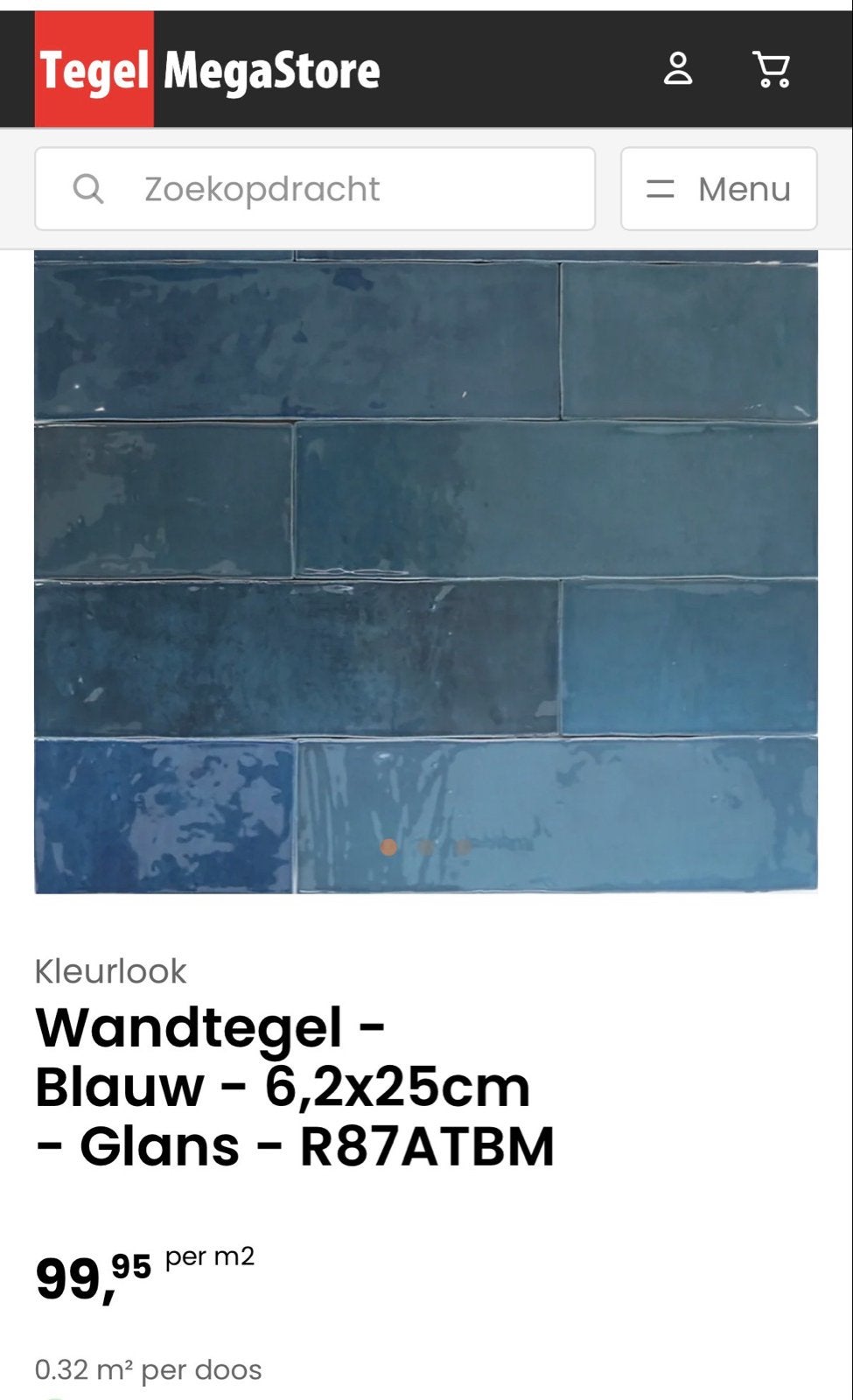 Wand/badkamertegel - Blauw - 6,2x25cm - Glans, Doe-het-zelf en Verbouw, Tegels, Ophalen, Nieuw, Minder dan 20 cm, 20 tot 40 cm
