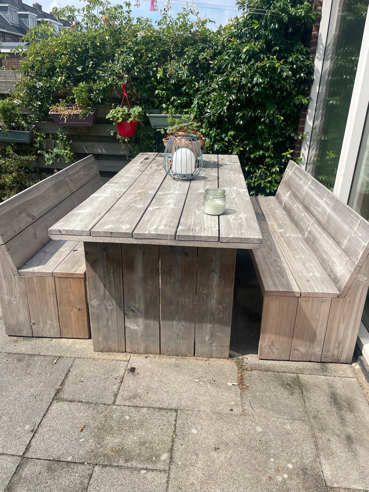 Robuuste houten terras tafel met banken, Tuin en Terras, Ophalen, Gebruikt, Rechthoekig, Hout