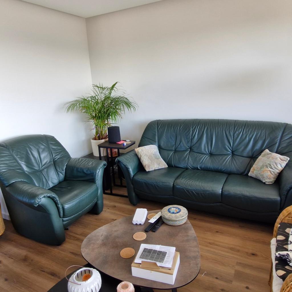 Leren bank en fauteuil - Donkergroen, Huis en Inrichting, Ophalen, Gebruikt, Klassiek, Comfortabel, 150 tot 200 cm