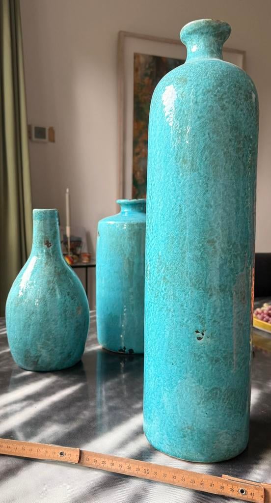 3 keramieken vazen turquoise, Huis en Inrichting, Woonaccessoires | Vazen, Gebruikt, Overige kleuren, Aardewerk of Porselein, Ophalen of Verzenden