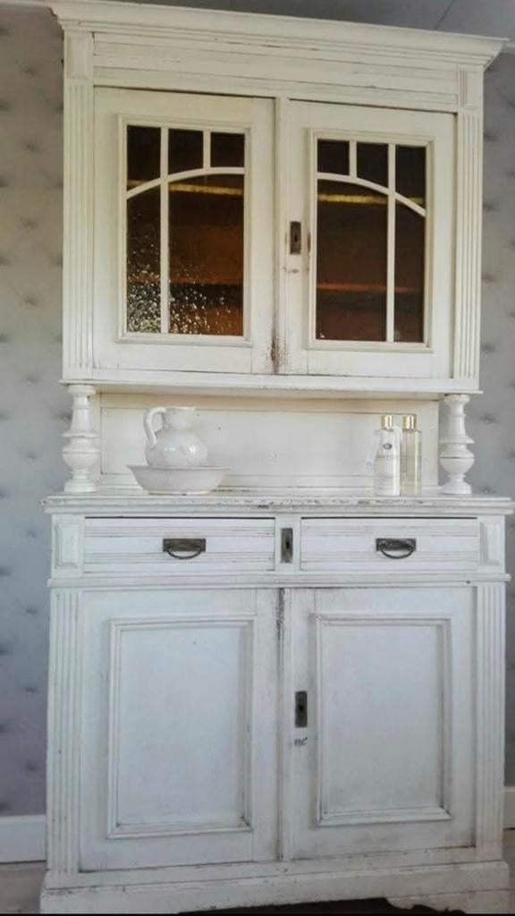 Antieke Brocante Buffetkast Crème Wit Rookglas, Ophalen