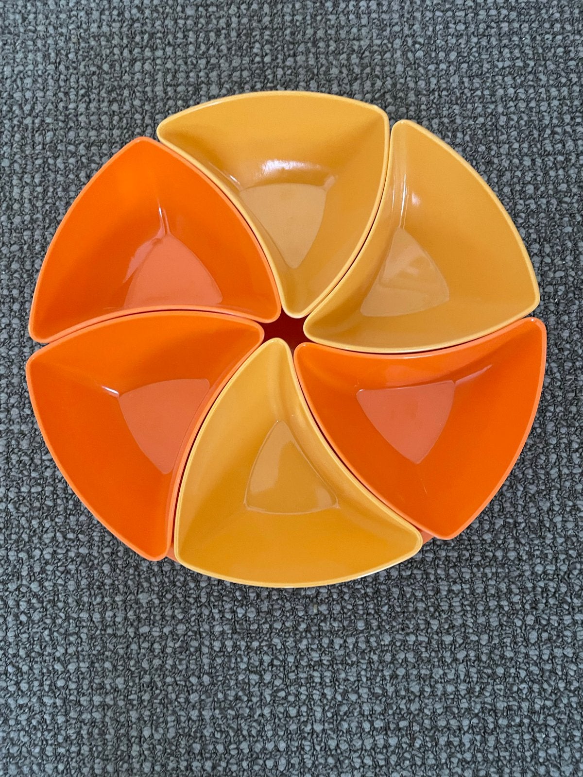 Vintage snack- of borrelschaal, oranje/geel, 6-delig, Kunststof, Ophalen of Verzenden, Overige merken, Oranje