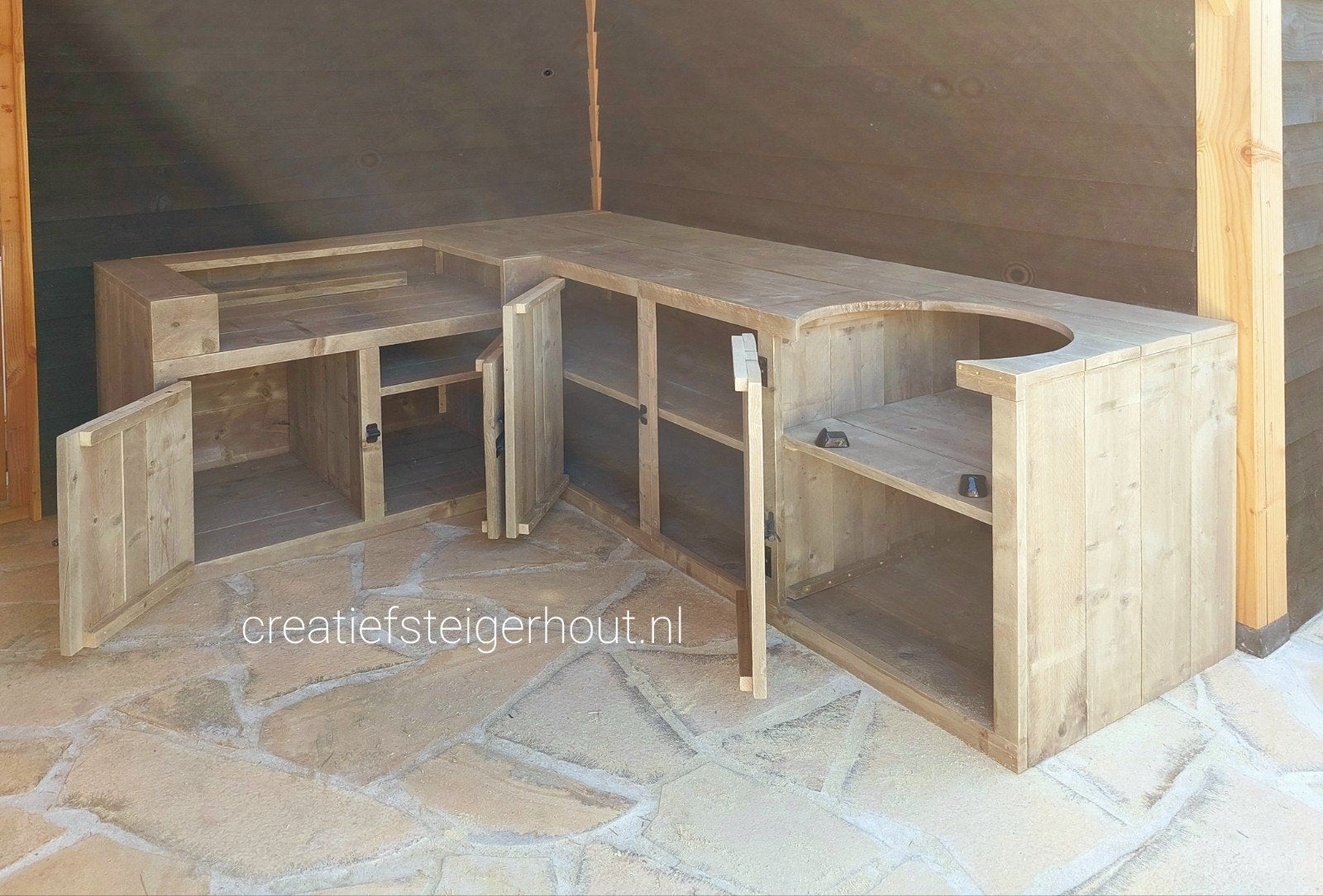 Steigerhouten buitenkeuken hoek mancave kamado grill gas bbq, Verzenden, Nieuw, Houtskool, Inbouw