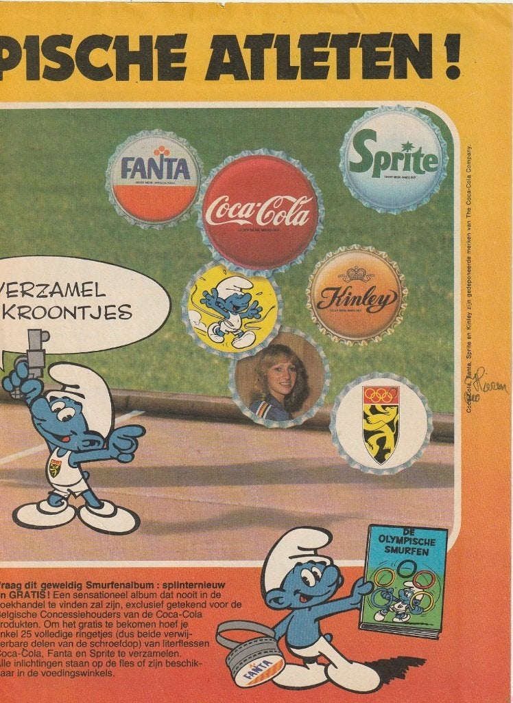 Retro reclame 1979 Coca-Cola frisdrank Smurfen Olympische, Verzamelen, Retro, Overige typen, Verzenden