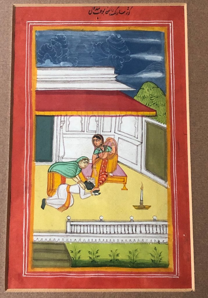Indiase miniatuurschildering in lijst 2, Schilderij, Ophalen of Verzenden, Papier/karton, India