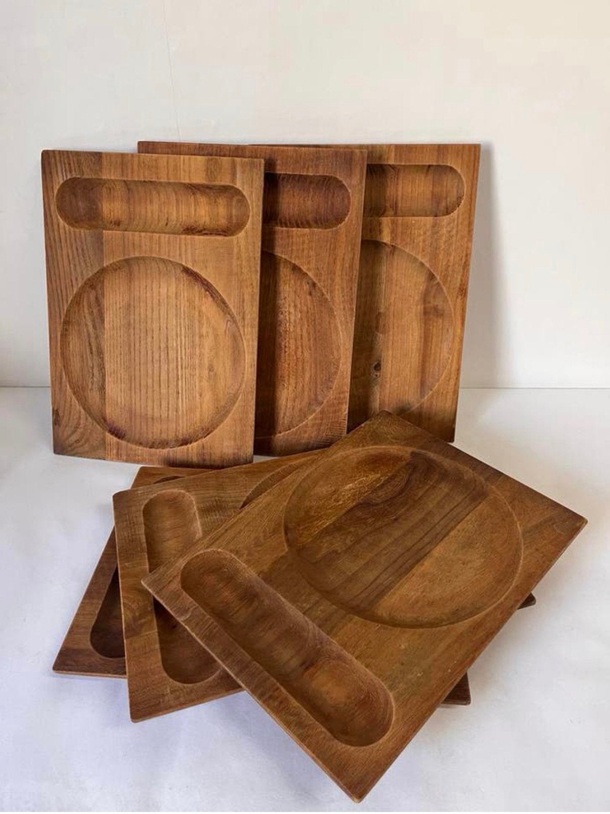6x vintage houten onderzetter serveerplank bord bestek, Ophalen, Hout, Handgemaakt, Zo goed als nieuw