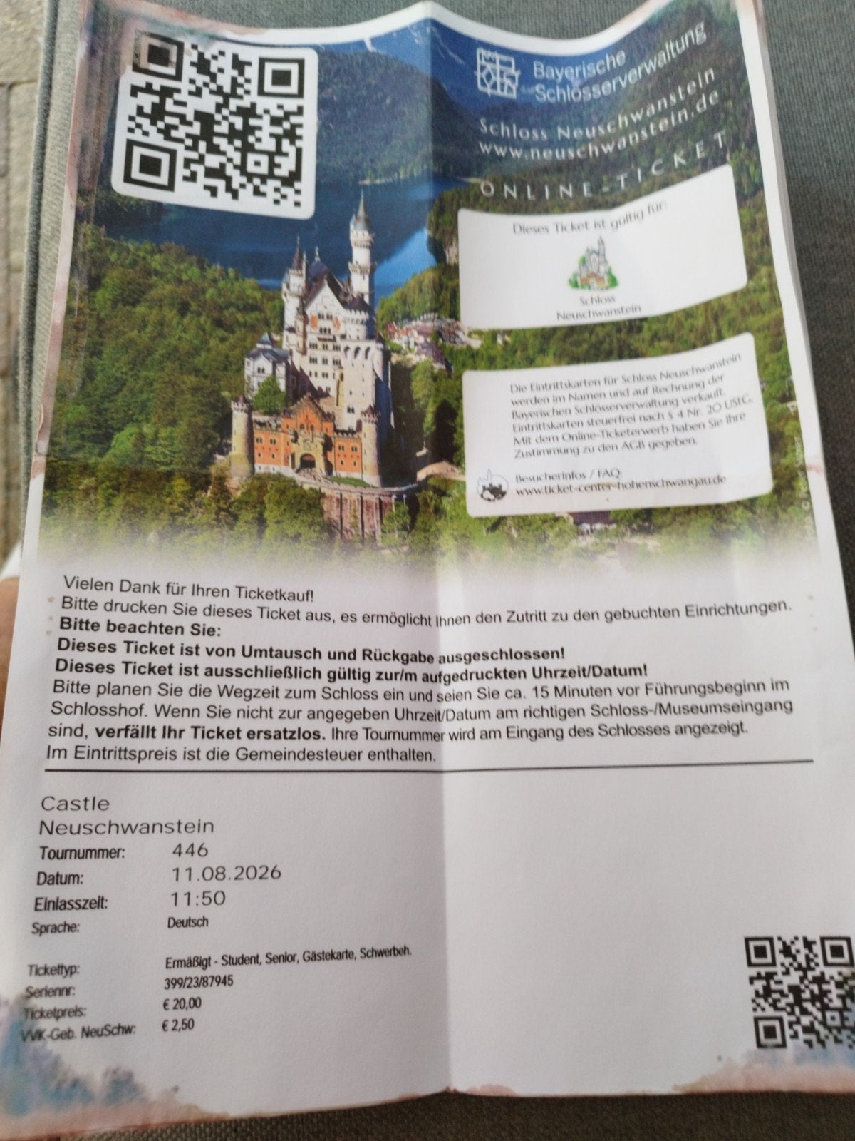 schloss Neuschwanstein, Tickets en Kaartjes, Twee personen, Ticket of Toegangskaart